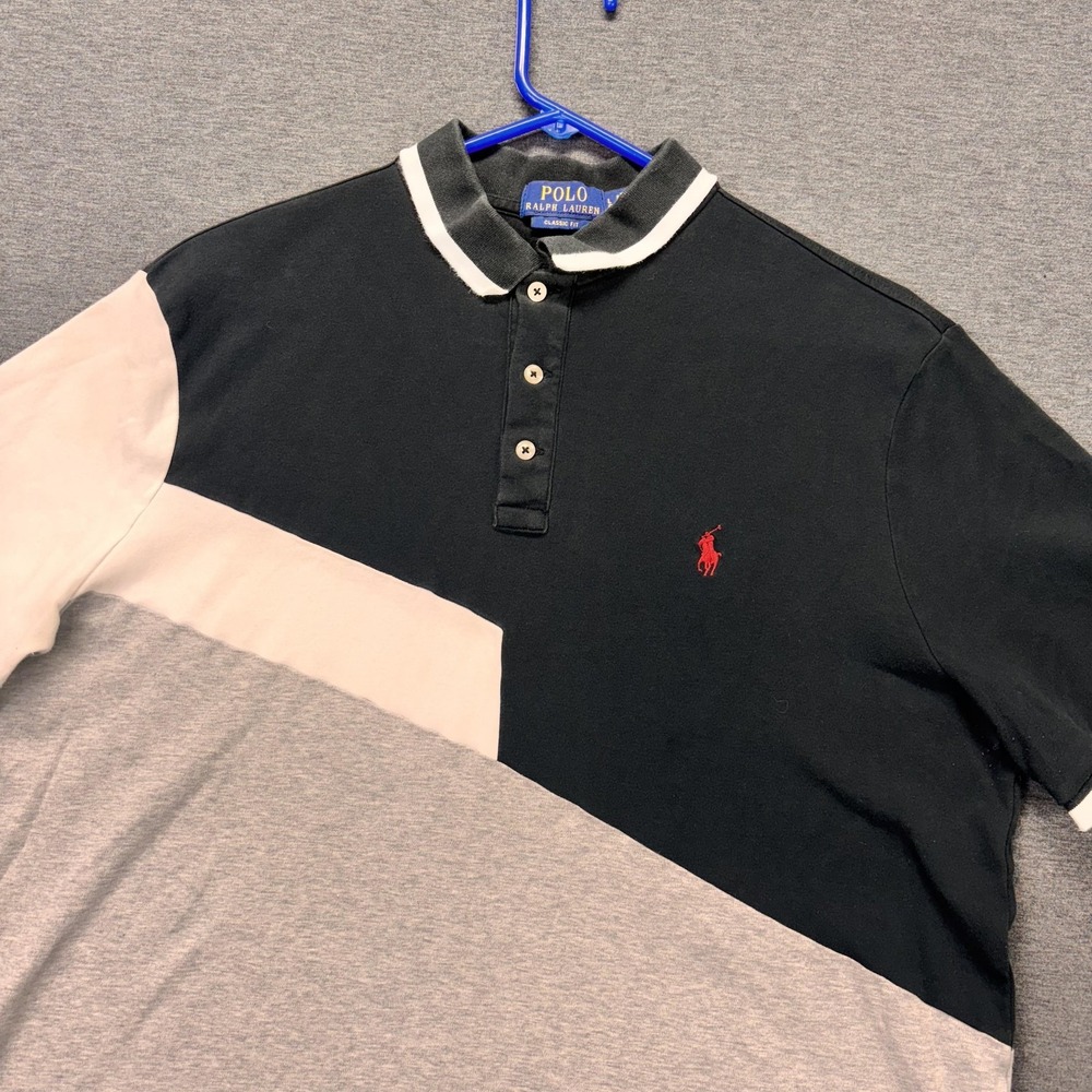 Polo Ralph Lauren Polo Shirt Mens Large Black Gray Colorblock Short Sleeve